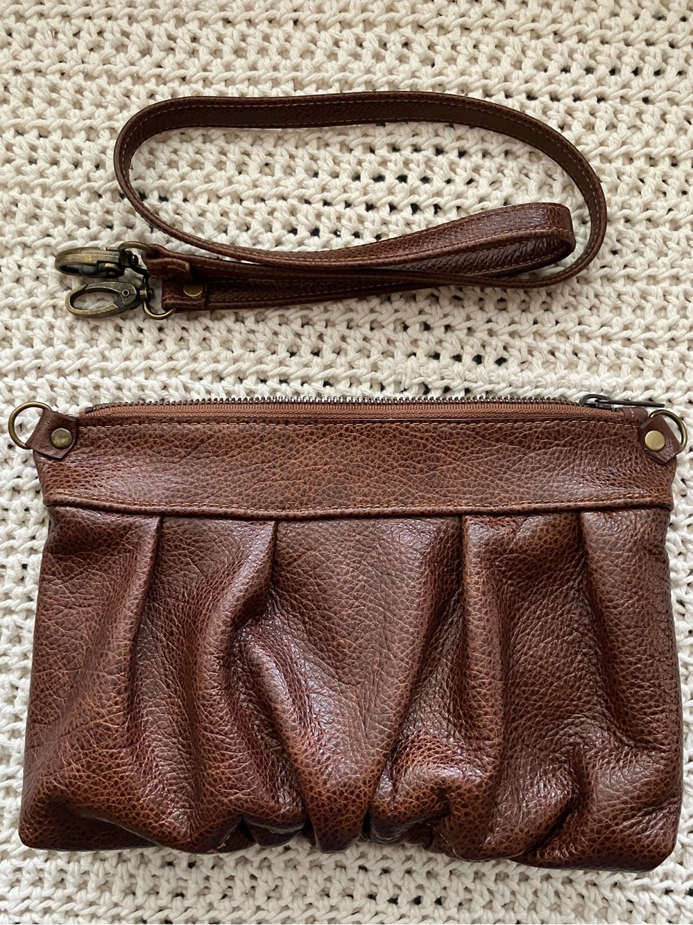 Brown Pebbled Leather Clutch, in Chestnut.